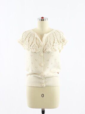 FIORUCCI Ivory White Cotton Crochet Knit Short Sleeve Cardigan Sweater, Size S